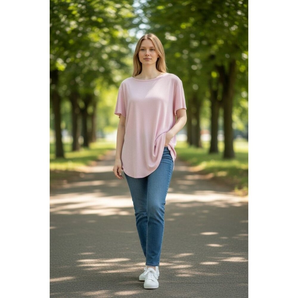 Nine West Womens Pink Ribbed Short Sleeve Tunic Top XL Soft Lightweight Casual